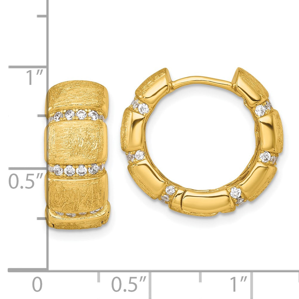 QE18136GP Sterling Silver Gold-Tone Polished and Textured CZ 8.0mm Round Hinged Hoop Earrings