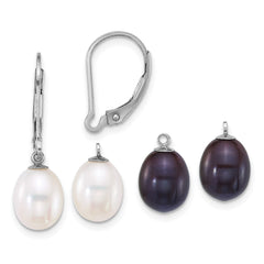 QE18139 Sterling Silver Rhodium-plated 7-8mm Rice White and Black Freshwater Cultured Pearl 2-piece Enhancer and Leverback Earring Set