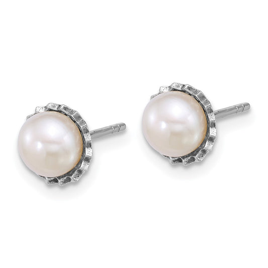 QE18145 Sterling Silver Rhodium-plated 6-7mm Button White Freshwater Cultured Pearl Zig-Zag Edge Post Earrings