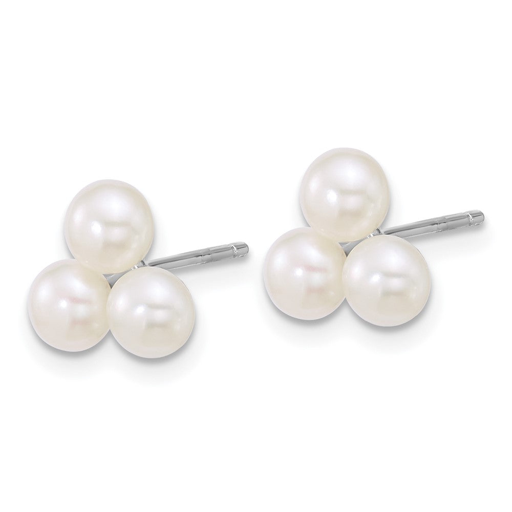 QE18148 Sterling Silver Rhodium-plated 5-6mm Button White Freshwater Cultured 3-Pearl Post Earrings