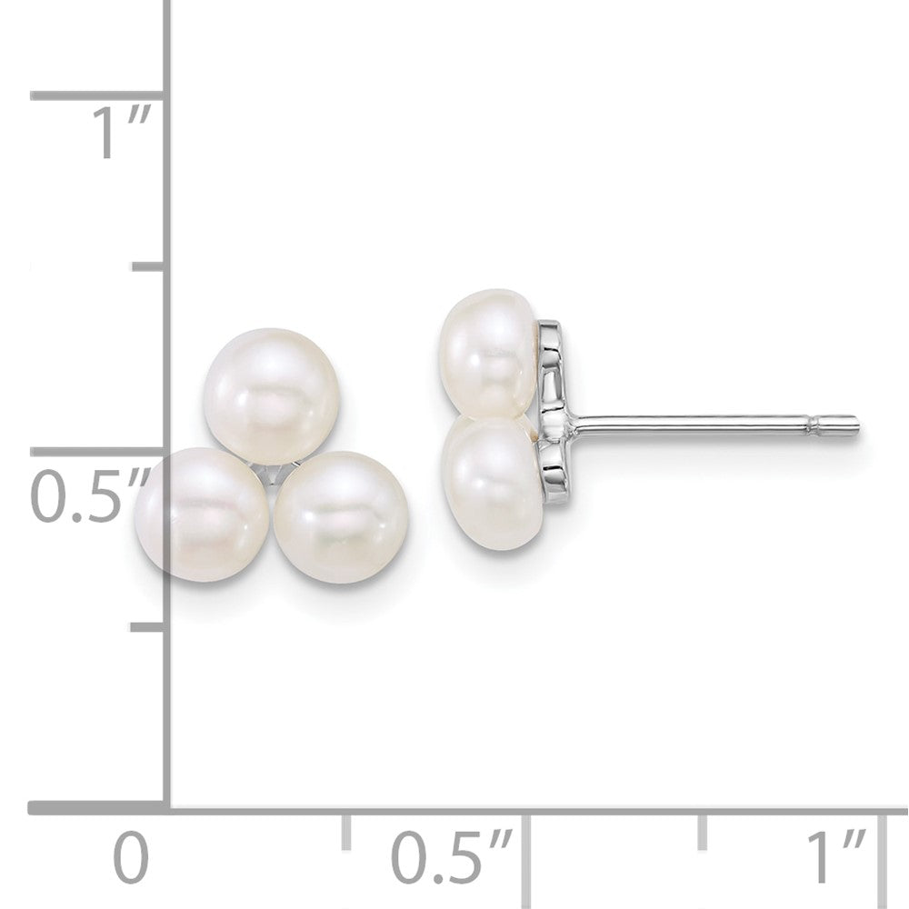 QE18148 Sterling Silver Rhodium-plated 5-6mm Button White Freshwater Cultured 3-Pearl Post Earrings