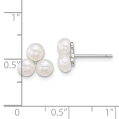 QE18148 Sterling Silver Rhodium-plated 5-6mm Button White Freshwater Cultured 3-Pearl Post Earrings