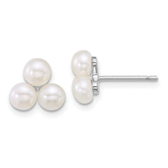 QE18148 Sterling Silver Rhodium-plated 5-6mm Button White Freshwater Cultured 3-Pearl Post Earrings