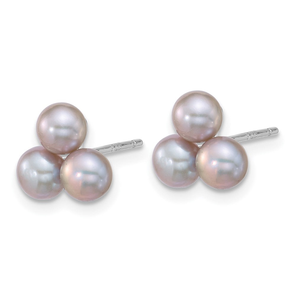 QE18149 Sterling Silver Rhodium-plated 5-6mm Button Grey Freshwater Cultured 3-Pearl Post Earrings