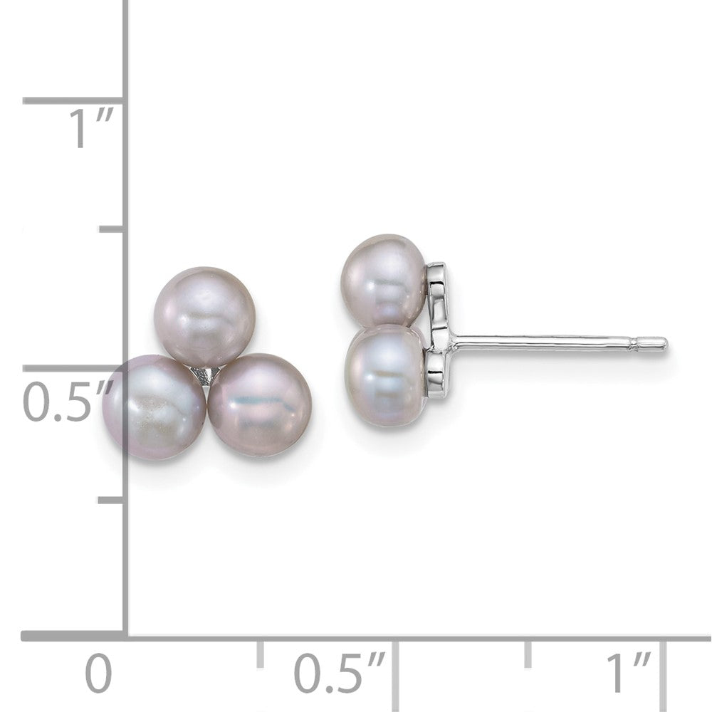 QE18149 Sterling Silver Rhodium-plated 5-6mm Button Grey Freshwater Cultured 3-Pearl Post Earrings