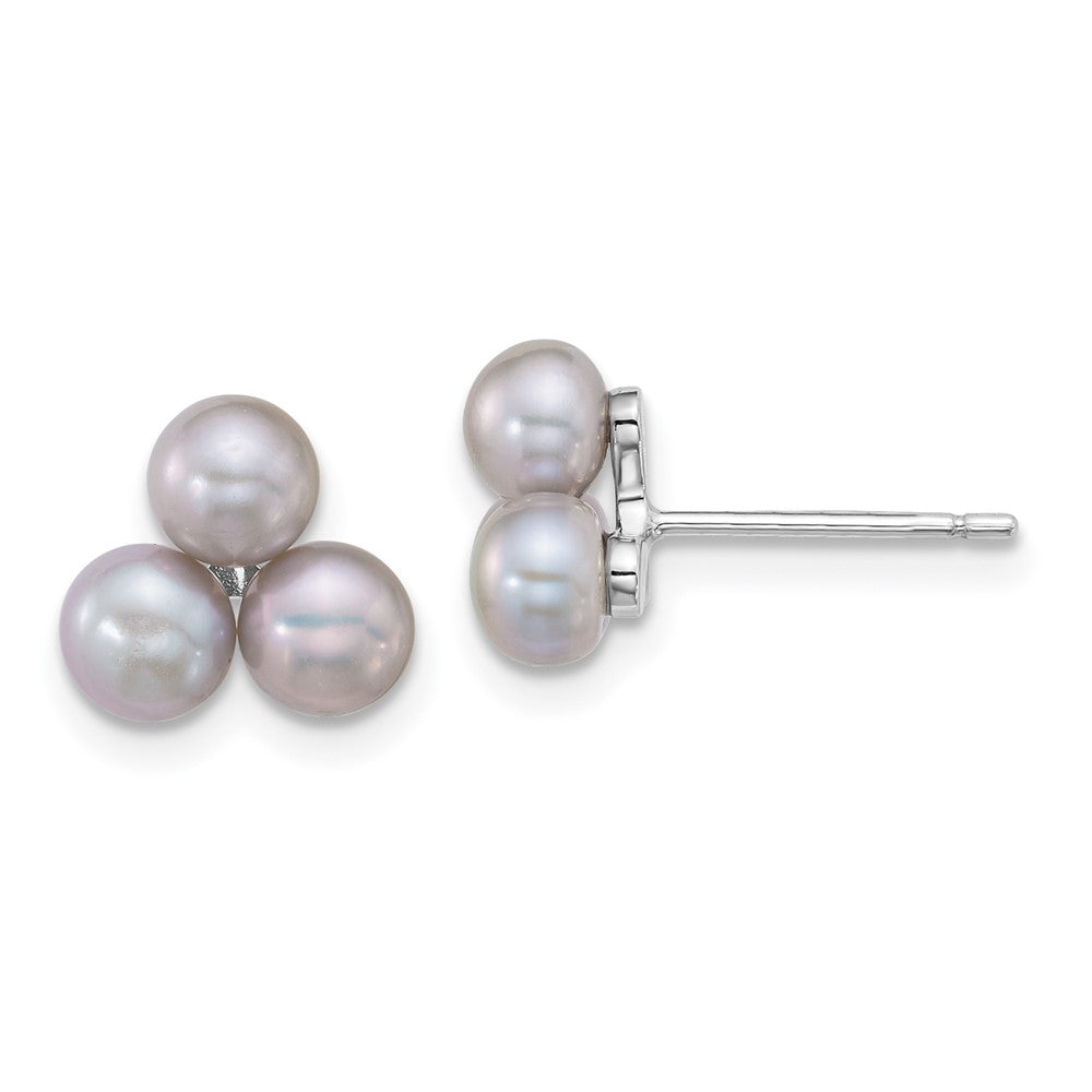 QE18149 Sterling Silver Rhodium-plated 5-6mm Button Grey Freshwater Cultured 3-Pearl Post Earrings