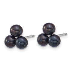 QE18150 Sterling Silver Rhodium-plated 5-6mm Button Black Freshwater Cultured 3-Pearl Post Earrings