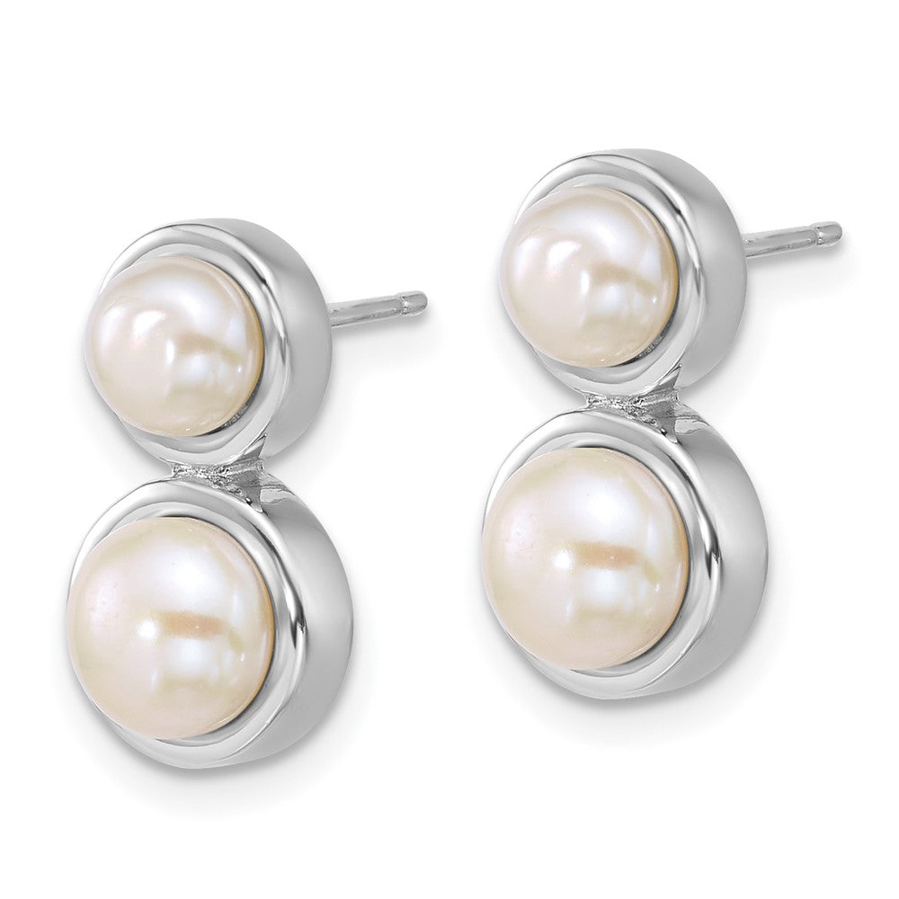 QE18151 Sterling Silver Rhodium-plated 5-7mm Button White Freshwater Cultured 2-Pearl Post Earrings
