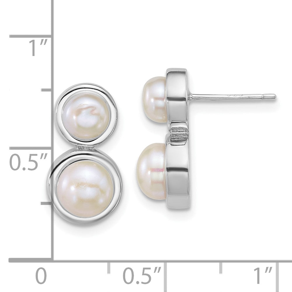 QE18151 Sterling Silver Rhodium-plated 5-7mm Button White Freshwater Cultured 2-Pearl Post Earrings