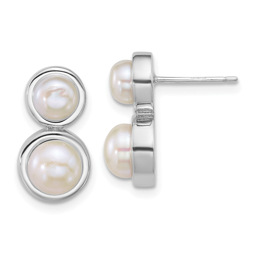 QE18151 Sterling Silver Rhodium-plated 5-7mm Button White Freshwater Cultured 2-Pearl Post Earrings
