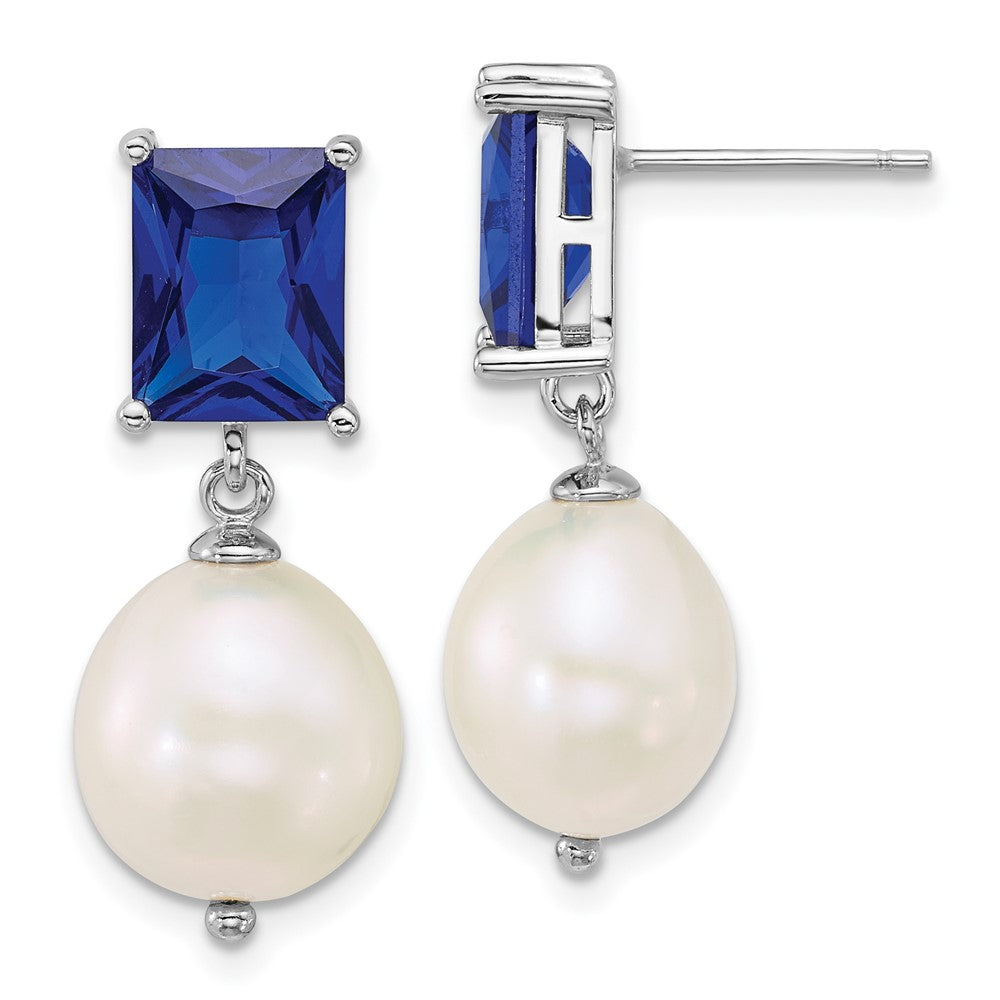 QE18152 Sterling Silver Rhodium-plated 9-11mm Semi-Round White Freshwater Cultured Pearl and Emerald-cut Blue CZ Dangle Post Earrings