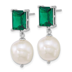QE18153 Sterling Silver Rhodium-plated 9-11mm Semi-Round White Freshwater Cultured Pearl and Emerald-cut Green CZ Dangle Post Earrings