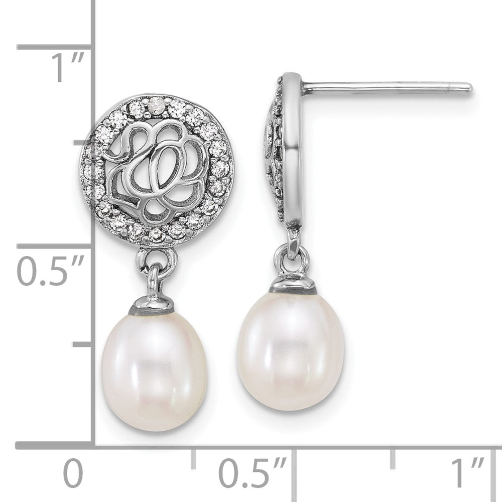 QE18154 Sterling Silver Rhodium-plated 6-7mm Rice White Freshwater Cultured Pearl and CZ Dangle Post Earrings