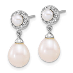 QE18155 Sterling Silver Rhodium-plated 4-5mm Round and 6-8mm Teardrop Freshwater Cultured Pearl and CZ Halo Dangle Post Earrings