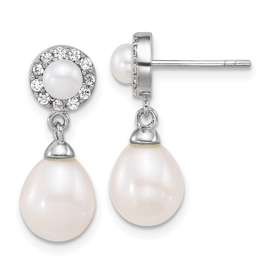 QE18155 Sterling Silver Rhodium-plated 4-5mm Round and 6-8mm Teardrop Freshwater Cultured Pearl and CZ Halo Dangle Post Earrings