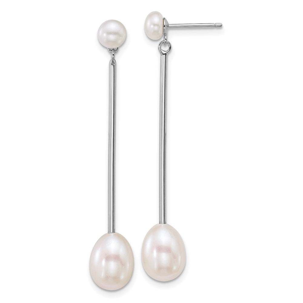 QE18157 Sterling Silver Rhodium-plated 5-6mm Button and 7-8mm Teardrop White Freshwater Cultured Pearl and Bar Dangle Post Earrings