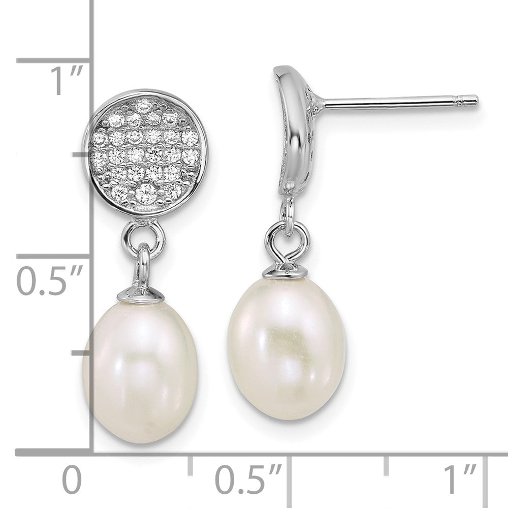 QE18159 Sterling Silver Rhodium-plated 6-8mm Teardrop White Freshwater Cultured Pearl and Pave CZ Dangle Post Earrings