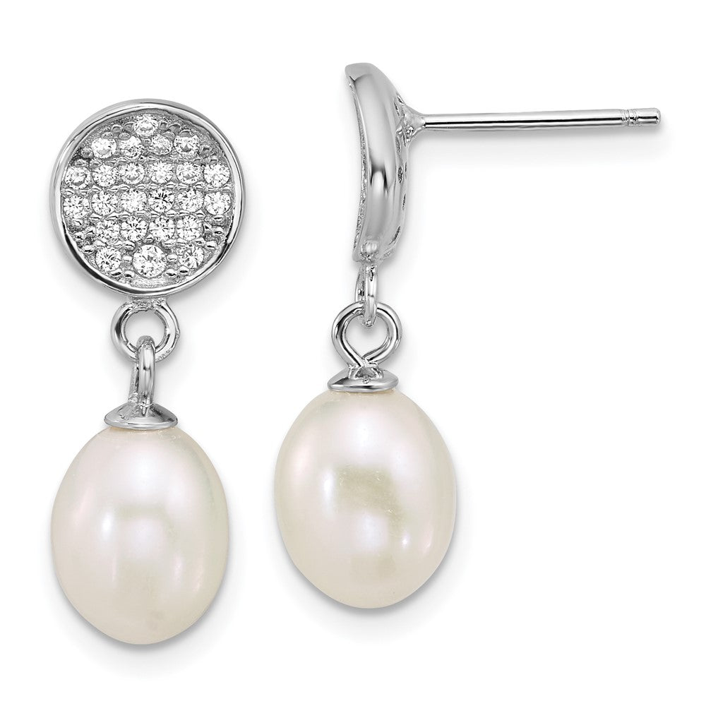 QE18159 Sterling Silver Rhodium-plated 6-8mm Teardrop White Freshwater Cultured Pearl and Pave CZ Dangle Post Earrings