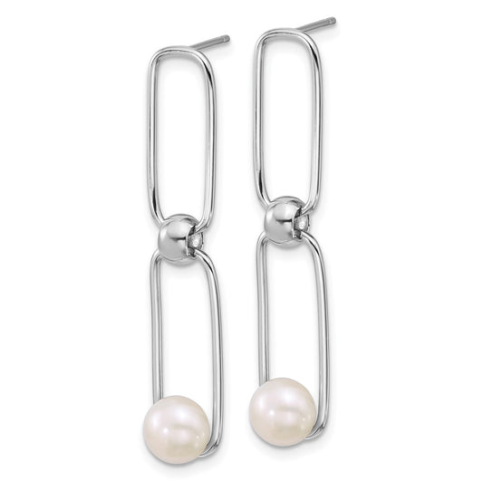 QE18161 Sterling Silver Rhodium-plated 6-7mm Button White Freshwater Cultured Pearl and Long Link Dangle Post Earrings