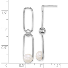 QE18161 Sterling Silver Rhodium-plated 6-7mm Button White Freshwater Cultured Pearl and Long Link Dangle Post Earrings