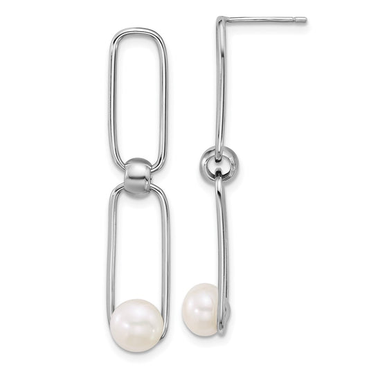 QE18161 Sterling Silver Rhodium-plated 6-7mm Button White Freshwater Cultured Pearl and Long Link Dangle Post Earrings