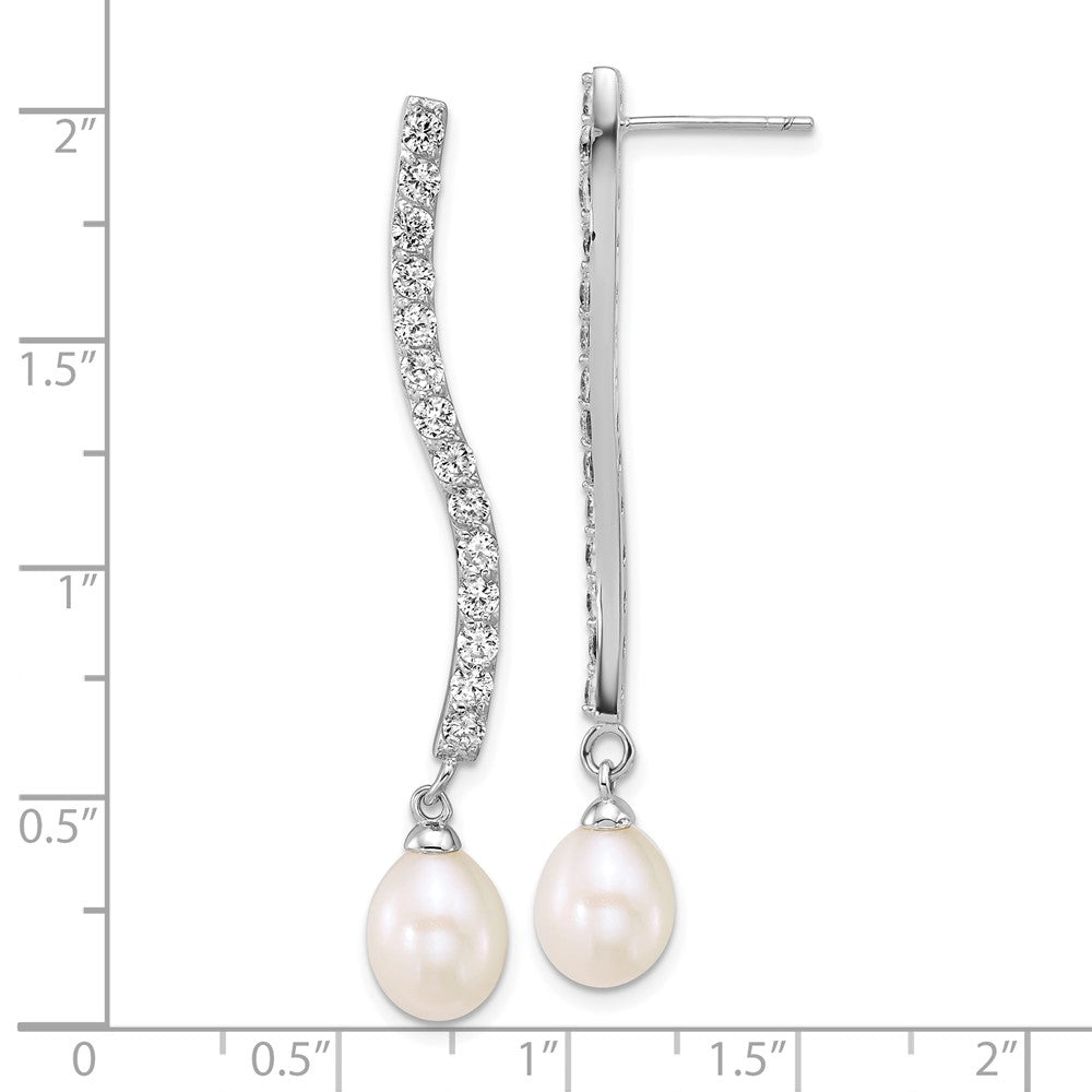 QE18162 Sterling Silver Rhodium-plated 7-8mm Teardrop White Freshwater Cultured Pearl and CZ Dangle Post Earrings