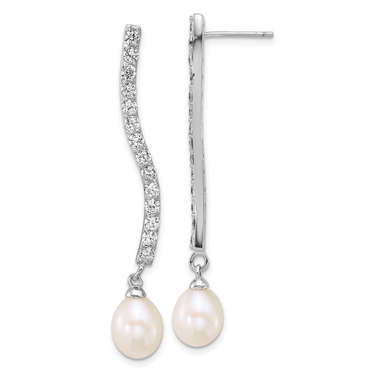 QE18162 Sterling Silver Rhodium-plated 7-8mm Teardrop White Freshwater Cultured Pearl and CZ Dangle Post Earrings