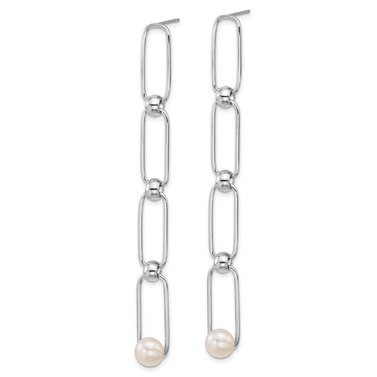 QE18163 Sterling Silver Rhodium-plated 6-7mm Button White Freshwater Cultured Pearl and Bead Long Link Dangle Post Earrings