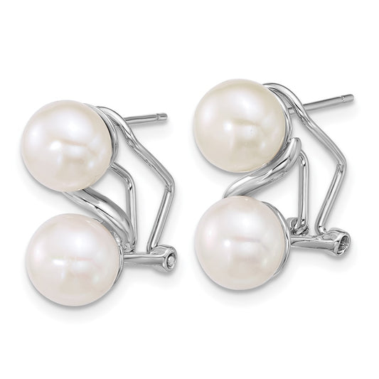 QE18164 Sterling Silver Rhodium-plated 7-8mm Button White Freshwater Cultured 2-Pearl Omega Back Earrings