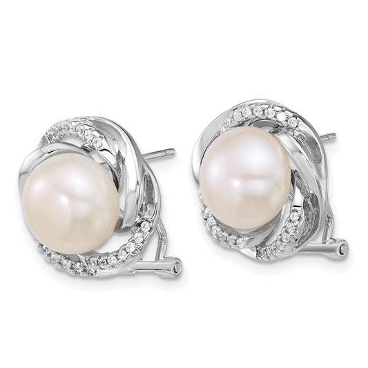 QE18165 Sterling Silver Rhodium-plated 9-10mm Button White Freshwater Cultured Pearl and CZ Omega Back Earrings