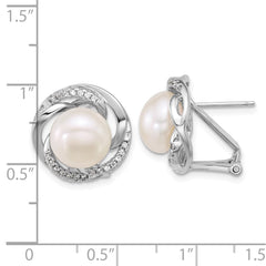 QE18165 Sterling Silver Rhodium-plated 9-10mm Button White Freshwater Cultured Pearl and CZ Omega Back Earrings