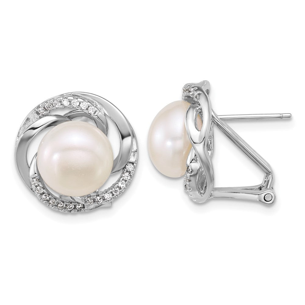QE18165 Sterling Silver Rhodium-plated 9-10mm Button White Freshwater Cultured Pearl and CZ Omega Back Earrings
