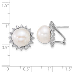 QE18166 Sterling Silver Rhodium-plated 11-12mm Button White Freshwater Cultured Pearl and CZ Halo Omega Back Earrings