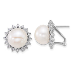 QE18166 Sterling Silver Rhodium-plated 11-12mm Button White Freshwater Cultured Pearl and CZ Halo Omega Back Earrings