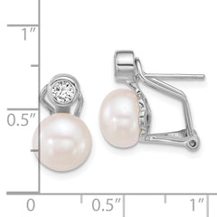 QE18167 Sterling Silver Rhodium-plated 8-9mm Button White Freshwater Cultured Pearl and CZ Omega Back Earrings