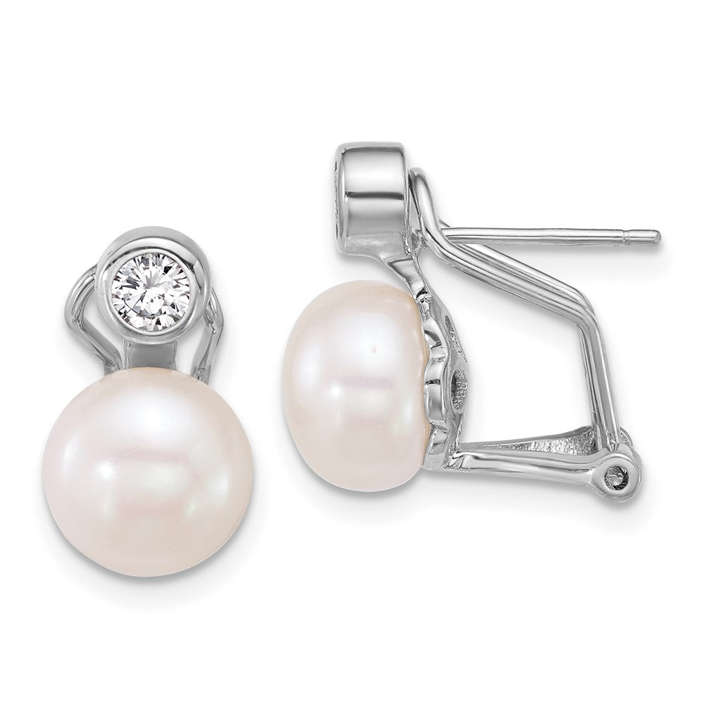 QE18167 Sterling Silver Rhodium-plated 8-9mm Button White Freshwater Cultured Pearl and CZ Omega Back Earrings