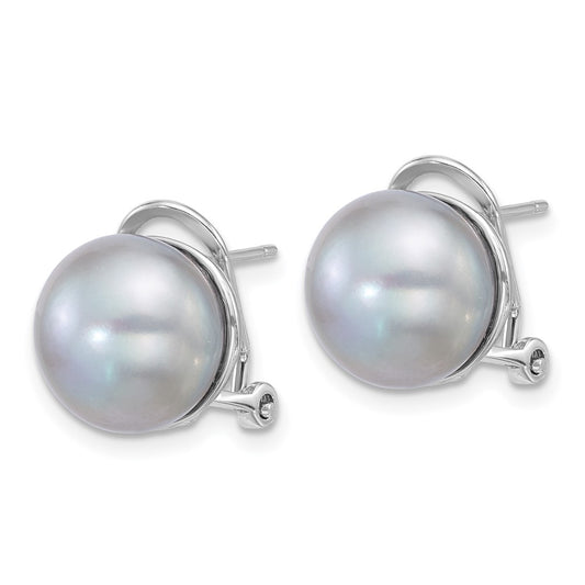 QE18168 Sterling Silver Rhodium-plated 11-12mm Button Grey Freshwater Cultured Pearl Omega Back Earrings
