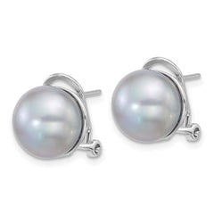 QE18168 Sterling Silver Rhodium-plated 11-12mm Button Grey Freshwater Cultured Pearl Omega Back Earrings