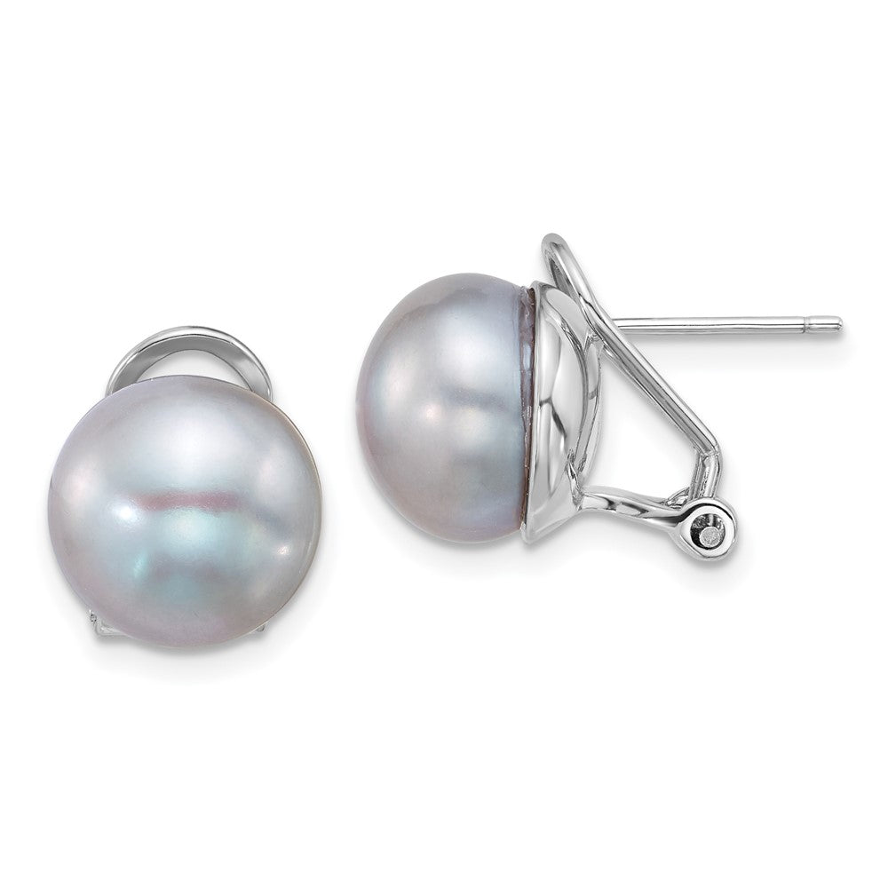 QE18168 Sterling Silver Rhodium-plated 11-12mm Button Grey Freshwater Cultured Pearl Omega Back Earrings