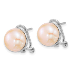QE18169 Sterling Silver Rhodium-plated 11-12mm Button Pink Freshwater Cultured Pearl Omega Back Earrings