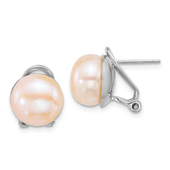 QE18169 Sterling Silver Rhodium-plated 11-12mm Button Pink Freshwater Cultured Pearl Omega Back Earrings