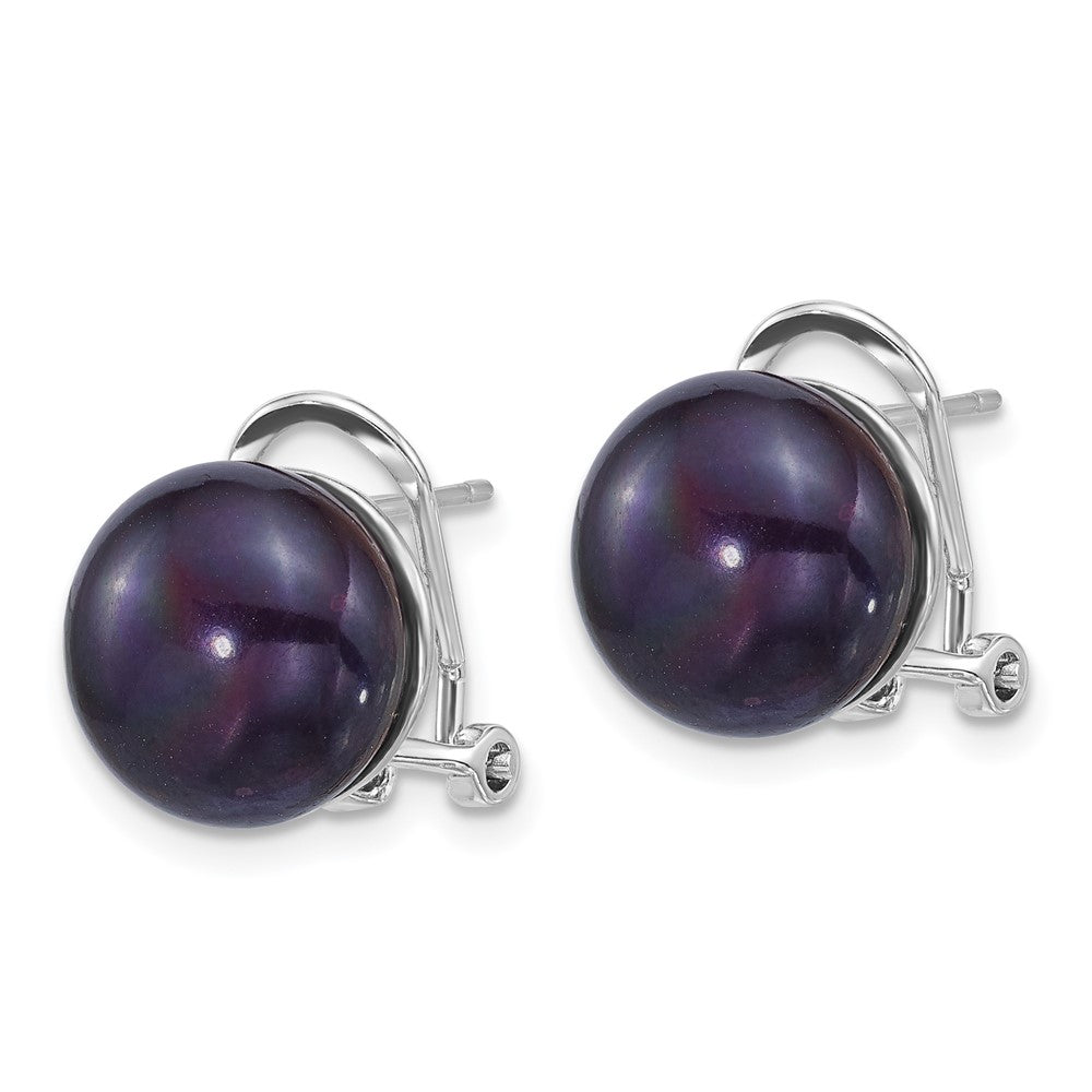 QE18170 Sterling Silver Rhodium-plated 11-12mm Button Black Freshwater Cultured Pearl Omega Back Earrings