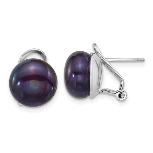 QE18170 Sterling Silver Rhodium-plated 11-12mm Button Black Freshwater Cultured Pearl Omega Back Earrings