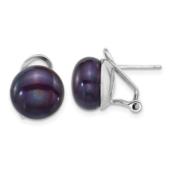 QE18170 Sterling Silver Rhodium-plated 11-12mm Button Black Freshwater Cultured Pearl Omega Back Earrings
