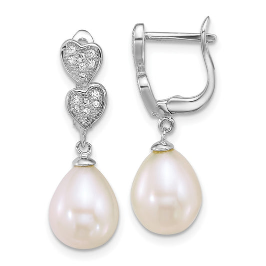 QE18171 Sterling Silver Rhodium-plated 7-9mm Teardrop White Freshwater Cultured Pearl and CZ Hearts Dangle Earrings