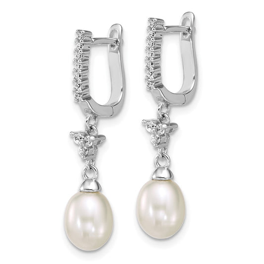 QE18172--2 Sterling Silver Rhodium-plated 6-7mm Teardrop White Freshwater Cultured Pearl and CZ Dangle Hoop Earrings