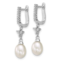 QE18172--2 Sterling Silver Rhodium-plated 6-7mm Teardrop White Freshwater Cultured Pearl and CZ Dangle Hoop Earrings