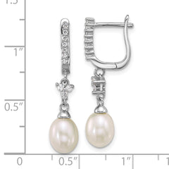 QE18172--2 Sterling Silver Rhodium-plated 6-7mm Teardrop White Freshwater Cultured Pearl and CZ Dangle Hoop Earrings