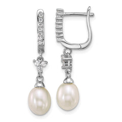 QE18172--2 Sterling Silver Rhodium-plated 6-7mm Teardrop White Freshwater Cultured Pearl and CZ Dangle Hoop Earrings