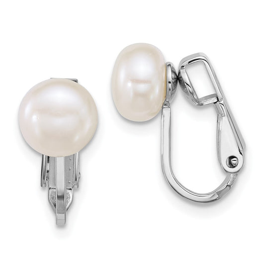 QE18173 Sterling Silver Rhodium-plated 7-8mm Button White Freshwater Cultured Pearl Non-Pierced Earrings